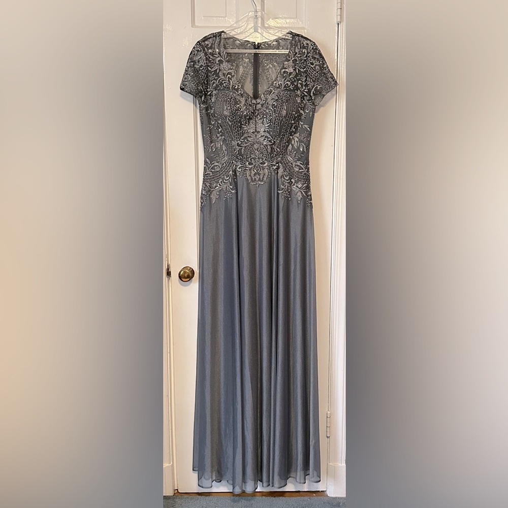 NWT Madeline Gardner grey-blue floor length beaded gown size 6